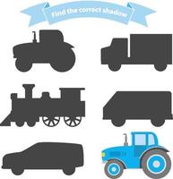 vind de juiste schaduw transport.educational spel voor kinderen auto, stoomlocomotief, vrachtwagen, tractor, van.isolated op een witte background.vehicle zijaanzicht. vector