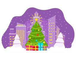 winter nacht stad met vallende snow.decorated kerstboom.merry christmas.gift boxes.star and balls.festive banner.vector vlakke afbeelding. vector