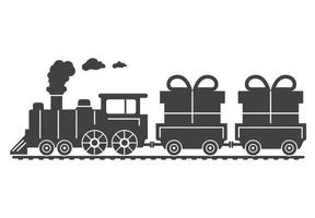 zwart silhouet van een kerststoomlocomotief met geschenken. levering van cadeautjes door rail.vector flat illustration.isolated op een blauwe achtergrond. vector