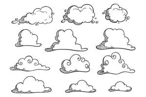 verzameling van wolken hand getrokken of schets op witte achtergrond vector