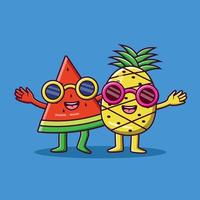 schattige cartoon watermeloen en ananas omhelzen elkaar, cartoon watermeloen en ananas in zomervakantie, vector cartoon afbeelding