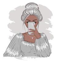 modieuze blonde meisje neemt een selfie met een smartphone, mode, stijl, print voor textiel, verpakking, briefkaart, vectorillustratie. vector