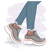 vrouwelijke benen in sneakers en jeans, schets, mode-illustratie, kleding en schoenen, textieldruk, briefkaart, verpakking, vectorillustratie. vector