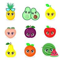 fruit set schattige cartoon appel, sinaasappel, avocado, watermeloen, ananas, perzik, peer, pruim en citroen. set fruit stripfiguren, vectorillustratie vector