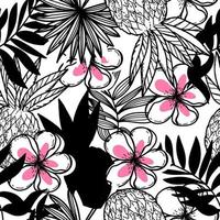 naadloze patroon van abstracte tropische elementen handgetekende in schets stijl. monochroom met vlekken. heldere strelitia bloemen, ananas, palmbladeren en gebladerte. tropen. zomer. strelicia vector