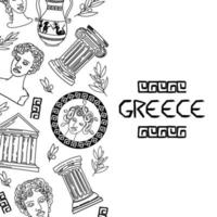 sjabloon met oude elementen van het oude Griekenland, handgetekende doodle in schetsstijl. Gorgon Medusa. vaas met een prestatie, lauwerkrans, olijftak, zuilen van ionische en Dorische orde vector