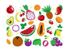 set van bessen en fruit, zomer vectorillustratie in cartoon stijl. pitaia, granaatappel, aardbei, druif, ananas, mangosteen. citroen, perzik, appel, sinaasappel watermeloen avocado. vector