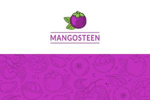 de mangosteensjabloon is getekend met elementen van een schetsachtige doodle. hele mangosteen, delen, bladeren, plakjes, kern. verzameling fruitafbeeldingen. vector illustratie