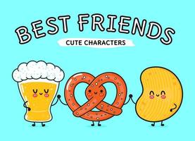 schattig, grappig vrolijk glas bier, krakeling en chips. vector hand getekend kawaii stripfiguren, illustratie pictogram. grappige happy cartoon glas bier, krakeling en chips mascotte vrienden