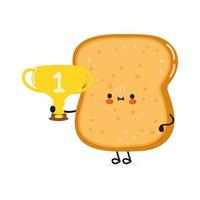leuke grappige gesneden toastbrood met gouden trofeebeker. vector hand getekend cartoon kawaii karakter illustratie pictogram. geïsoleerd op een witte achtergrond. gesneden toastbrood met beker met winnaartrofee