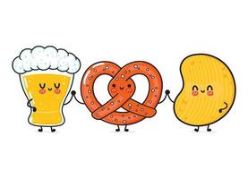 schattig, grappig vrolijk glas bier, krakeling en chips. vector hand getekend kawaii stripfiguren, illustratie pictogram. grappige happy cartoon glas bier, krakeling en chips mascotte vrienden