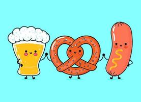 schattig, grappig vrolijk glas bier, krakeling en worst met mosterd. vector hand getekend kawaii stripfiguren, illustratie. grappige cartoon glas bier, krakeling en worst mosterd mascotte vrienden