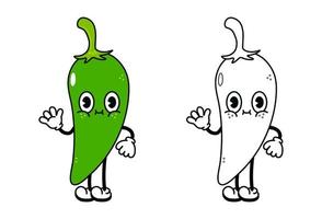 leuke grappige groene chili peper zwaaien hand karakter schets cartoon afbeelding voor kleurboek. vector hand getekend traditionele cartoon vintage, retro, groene chili peper. geïsoleerde witte achtergrond