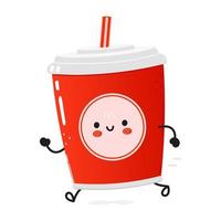 leuke grappige lopende rode plastic beker koud drankje cola en stro. vector hand getekend cartoon kawaii karakter illustratie pictogram. geïsoleerde achtergrond. run rode plastic beker koud drankje cola en stro concept