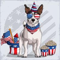Jack Russell Terrier-hond in 4 juli-vermomming met gestreepte pet en zonnebril, met Amerikaanse vlag en vuurwerk vector