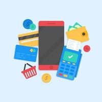 betaling voor aankopen met een mobiele telefoon, contant of met een kaart. online winkel, online winkelen en betalingsmethoden. smartphone valuta. vector
