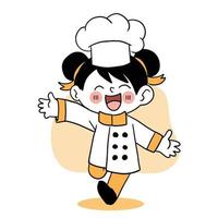 gelukkige glimlach meisje chef.kid koken concept.doodle hand getekende vectorillustratie. vector