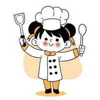 gelukkige glimlach meisje chef.kid koken concept.doodle hand getekende vectorillustratie. vector