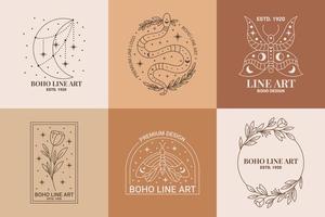 boho mysticus doodle esoterische logo set. magisch lijnkunstpictogram met maan, slang, roos, mot, bloemenkrans vector