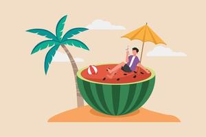 gelukkige jonge jongen drinken en zittend op watermeloen in strand. zomerfeest. platte vectorillustratie geïsoleerd. vector