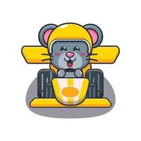schattige muis mascotte stripfiguur rijden raceauto vector