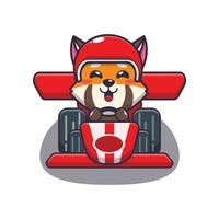 schattige rode panda mascotte stripfiguur rijden raceauto vector