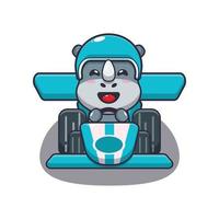 schattige neushoorn mascotte stripfiguur rijden raceauto vector