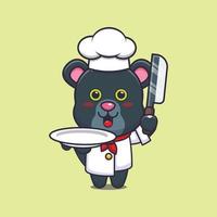 schattig panter chef-kok mascotte stripfiguur met mes en bord vector