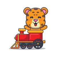 schattig luipaard mascotte stripfiguur ritje op de trein vector