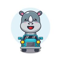 schattige neushoorn mascotte stripfiguur ritje op auto vector