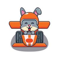 schattig konijn mascotte stripfiguur rijden raceauto vector