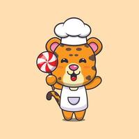 schattig luipaard chef-kok mascotte stripfiguur met snoep vector