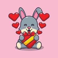 schattig gelukkig konijn stripfiguur in Valentijnsdag vector