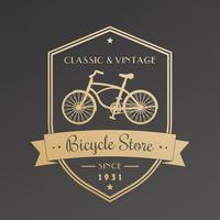 fietsenwinkel, vintage embleem met retro fiets, goud op donker vector