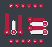 bedrijfsanalyse, infographic elementen, rapportontwerp, tijdlijn, staplabels, 1 2 3 4, groeipijlen, pictogrammen, rood en wit op grijs vector