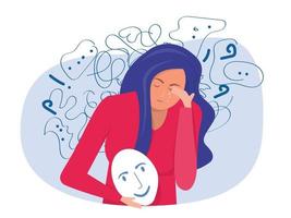 vrouw lijdt aan obsessieve gedachten hoofdpijn onopgeloste problemen psychologisch trauma depressie. mentale stress paniek geest stoornis illustratie platte vectorillustratie. vector