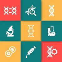 genetica iconen, dna modificatie, genetisch onderzoek, lab, dna keten teken, pictogrammen op gekleurde vierkantjes, vector illustratie