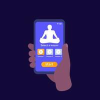 meditatie app-ontwerp, telefoon in de hand, vector ui