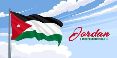 Jordan Onafhankelijkheidsdag wenskaart, banner vectorillustratie. Nationale feestdag van Jordanië 25 mei. ontwerpelement met vliegende vlag op een blauwe hemelachtergrond.