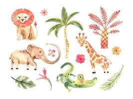 aquarel compositie met Afrikaanse dieren en natuurlijke elementen. leeuw, olifant, alligator, giraf, palmbomen, bloemen. safari wilde wezens. jungle, tropische illustratie voor kinderkamerbehang