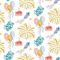 gelukkige verjaardag vector naadloze patroon. ballonnen, vuurwerk en cake op een witte achtergrond