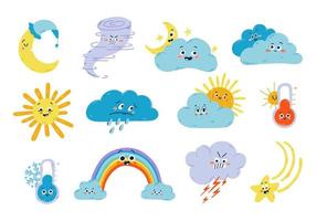 schattig weer vectorillustratie. grappige icon set van zon, wolk, maan, storm, regen en thermometer geïsoleerd op wit. kinderachtige verzameling weer vector