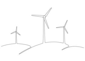 windmolen, windgeneratorenergie, enkele doorlopende lijntekening. windmolen toren ecologie groene energie elektriciteit besparen. heuvelachtig landschap met windturbines genereren. vector één overzichtsillustratie