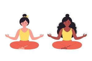 vrouwen mediteren in lotushouding. gezonde levensstijl, yoga, ontspannen, ademhalingsoefening. vector