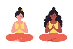 vrouwen mediteren in lotushouding. gezonde levensstijl, yoga, ontspannen, ademhalingsoefening. vector