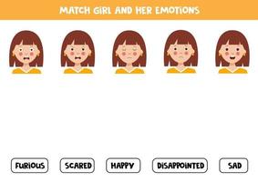 bijpassende spel. match schattig meisje en haar emoties. vector