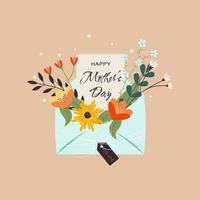 gelukkige Moederdag. lay-outontwerp van envelop, lentebloemen en wenskaart. achtergrond voor moederdag, vrouwendag en huwelijksuitnodiging. vectorillustratie. vector