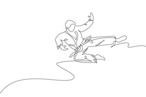 enkele doorlopende lijntekening van jonge zelfverzekerde karateka-man in kimono die karate-gevechten beoefent in dojo. vechtsport sport trainingsconcept. trendy één lijn tekenen ontwerp vector grafische afbeelding