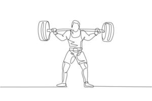 enkele doorlopende lijntekening van jonge sterke gewichtheffer man die zich voorbereidt op barbell training in de sportschool. gewichtheffen trainingsconcept. trendy één lijn tekenen ontwerp grafische vectorillustratie vector