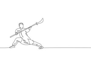 een enkele lijntekening van jonge man op kimono oefening wushu krijgskunst, kung fu techniek met speer op sportschool centrum vectorillustratie. vechtsport concept. modern ononderbroken lijntekeningontwerp vector